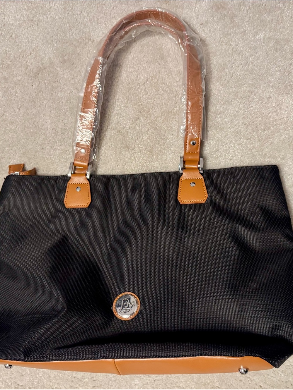 Joy Mangano Black Tote with Tan Trim and Handles
